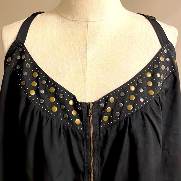 LYS halter zip up embellishment neckline top / blouse black adjustable straps 1X - Picture 2 of 11